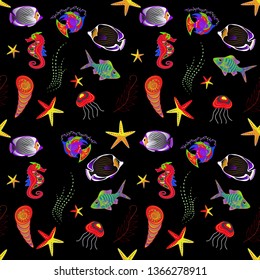 Vector illustration. Seamless pattern with ornamental fish. Vector pink, orange and black fishes pattern.