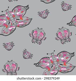 Vector illustration seamless pattern ornamental butterfly with fantastic flower on grey background