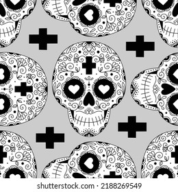 Vector illustration, seamless pattern with ornaments and flowers with skulls for the day of the dead. Sugar skull. Monochrome.