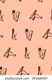 Vector illustration Seamless pattern painted barber tools, brown