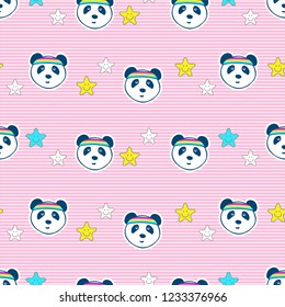 vector illustration seamless pattern of panda face on a striped background