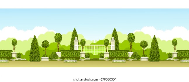 Vector illustration seamless pattern panoramic view of a park with a hedge of topiary trees and a place for relaxation