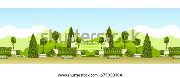 Vector\
illustration seamless pattern panoramic view of a park with a hedge\
of topiary trees and a place for\
relaxation