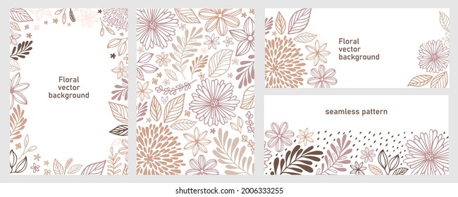 Vector illustration and seamless pattern in pastel colors. Set of universal hand drawn floral template for cover, home decor, backgrounds, cards. Children abstract and floral design in doodle style.