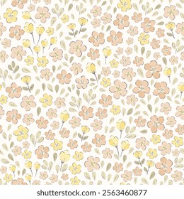 Vector illustration. Seamless pattern of pastel brown, yellow flowers on a light background. Delicate floral pattern, field of small  flowers, print for fabric, textile, wallpaper, baby clothes,