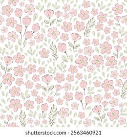 Vector illustration. Seamless pattern of pastel tiny pink flowers on a light background. Delicate floral pattern, field of small  flowers, print for fabric, textile, wallpaper, baby clothes,