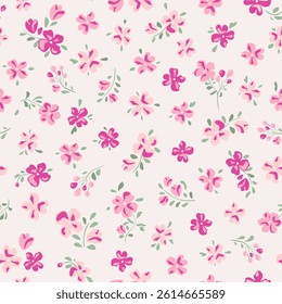 Vector illustration. Seamless pattern of pastel pink, purple flowers on a light background. Delicate floral pattern, field of flowers, print for fabric, textile, wallpaper, baby clothes