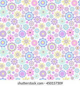 Vector illustration of seamless pattern with pastel flowers on white background.