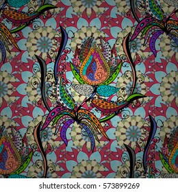 Vector illustration of seamless pattern with pastel flowers on petals background. Radial gradient shape.