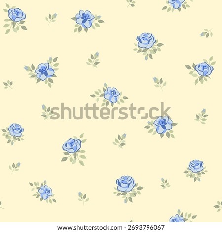 Vector illustration. Seamless pattern of pastel blue roses on a light yellow background. Vintage floral pattern, print for fabric, textile, wallpaper