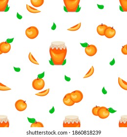 Vector illustration of a seamless pattern with peach and jam on a white background.