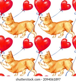 Vector illustration of seamless pattern with pembroke welsh corgi dog with heart balloons.