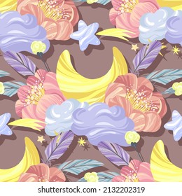 Vector illustration, seamless pattern with peonies, moon, clouds, stars, brown background