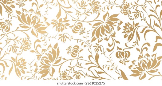 vector illustration seamless pattern with peony flowers leaves golden colors hand drawn floral ornament for wedding invitation, greeting cards, textile, wallpapers, packaging, wrapping papers material