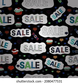 Vector illustration. Seamless pattern. Picture in black, white and blue colors. Lettering. Sale sign design in classic style.