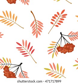 Vector illustration. Seamless pattern with a picture of leaves and bunches of rowan berries. 