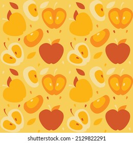 Vector illustration is a seamless pattern with pieces of ripe apples on a bright yellow background. Concept packaging paper for products