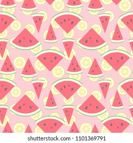 Vector illustration: seamless pattern Pink Lemonade with red cone flat watermelon pieces icons with black seeds and green peel and yellow lemon slices in retro style isolated on rosy background