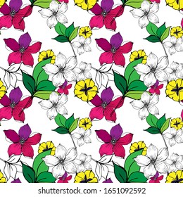 Vector illustration. Seamless pattern of pink, yellow and black and white flowers with green leaves. Flowers are drawn in the style of hand drawing with black contours.