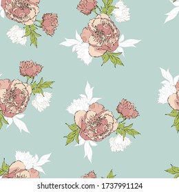 vector illustration seamless pattern pink peony with green leaves and white contour flowers on a blue background for fabric or wallpaper