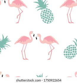 Vector illustration seamless pattern with pink flamingo. Exotic bird