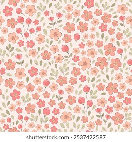 Ilustração vetorial. Padrão contínuo de pequenas flores rosa em um fundo claro. Ditsy padrão floral rosa, campo de flores, impressão para tecido, têxtil, papel de parede, roupas de bebê, embalagem