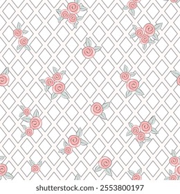 Vector illustration. Seamless pattern of pink roses on a wooden lattice, on a transparent background, blooming flowers. Cottagecore pattern. Printing on textiles, packaging, fabric design, sublimation