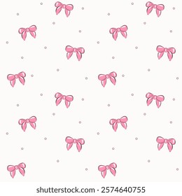 Vector illustration. Seamless pattern of pink bows on a light background with dots. Girly background, cute fabric design, postcard template, wallpaper, website, banner