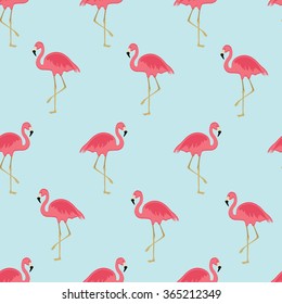 Vector illustration seamless pattern with pink flamingo. Exotic bird