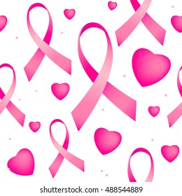 Vector illustration of seamless pattern with pink breast cancer ribbons and pink hearts. Breast cancer awareness endless background on white