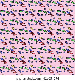 Vector illustration of the seamless pattern of pink donut glaze with many decorative sprinkles.