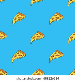 Vector illustration. Seamless pattern with pizza slices in pop art style on blue background. Fast food and italian cuisine. Pattern with contour