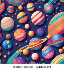 Vector Illustration of Seamless Pattern of Planets and Stars in Celestial 
