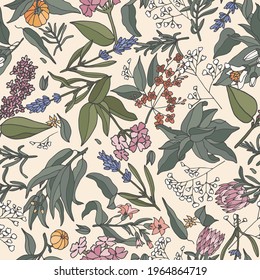 Vector illustration - seamless pattern with plants, herbs and flowers. Flowers background for cosmetics packaging