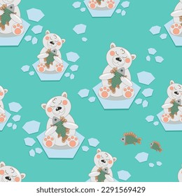ilustración vectorial patrón sin fisuras un cachorro de oso polar con peces sobre una capa de hielo en el fondo marino 