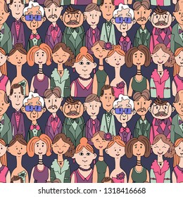 Vector illustration of a seamless pattern of portraits of people in clothes. People of different types of shapes, floors and different hair colors. - Shutterstock ID 1318416668