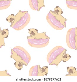 Vector illustration. Seamless pattern pug and donut isolated on a white background.