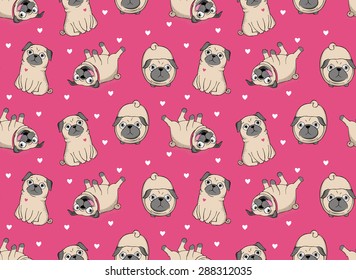 Vector illustration. Seamless vector pattern with pugs.