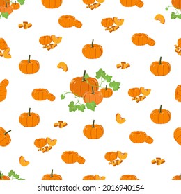 Vector illustration of seamless pattern of pumpkin halloween. Orange pumpkin plant and slice of pumpkin pattern. Decorative pattern of pumpkin.