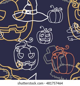 vector illustration seamless pattern pumpkin lantern glowing darkness of the tomb  tombstone potion boiler smoke hat terrible dark