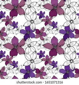  Ilustración vectorial. Flores violetas, lilas y blancas. Las flores se dibujan en el estilo de dibujo a mano con contornos negros.