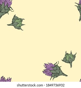 vector illustration seamless pattern purple flower,green buds and leaves in herbal garden