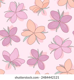 Vector illustration. Seamless pattern of purple and pink flowers on a light pink background, blooming flowers. Summer fabric design, wrapping paper design