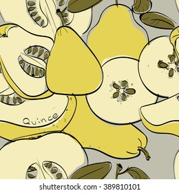 Vector illustration of seamless pattern with quince. Limited color linear graphic: green, black, yellow,grey. Hand drawing. Good for textile printing.Perfect for wrapping paper, etc.