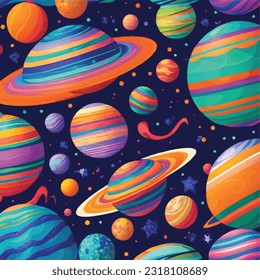 Vector Illustration of Seamless Pattern of Radiating Planets and Luminous Stars