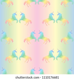 Vector illustration of seamless pattern from rainbow unicorns couple on pastel rainbow background. Unicorn texture