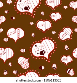 Vector illustration. Seamless pattern with realistic beautiful red, brown and white heart. Love and Holiday theme. Happy Valentines day.