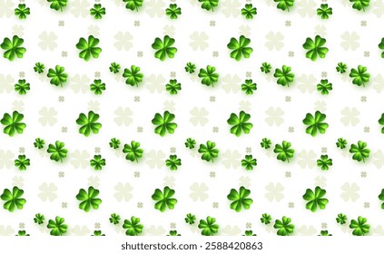 Vector illustration of seamless pattern realistic irish green clover on white background for happy saint patricks day. 3d style design of decorative seamless pattern with clover for st patrick day