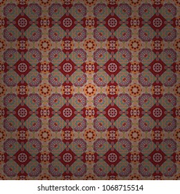Vector illustration. Seamless pattern in red, pink and yellow colors. Ethnic motif. Vintage mosaics.