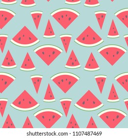 Vector illustration: seamless pattern with red cone flat watermelon pieces icons with black seeds and green peel in retro style isolated on blue background
